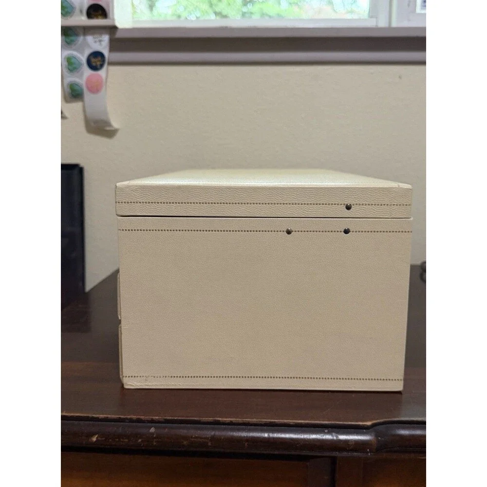 1960s Mele Ivory Leatherette Jewelry Box Velvet Blue Interior MCM 16 X 6 1/2